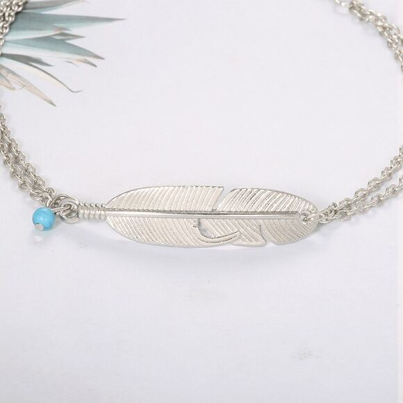 SILVER DOUBLE CHAIN FEATHER AND TURQUOISE HANGING CHARM BOHO ANKLET - Picture 3 of 5